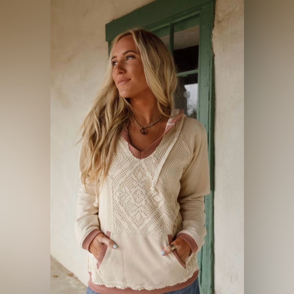 Three Bird Nest Lenon Crochet Hooded Top - NWT